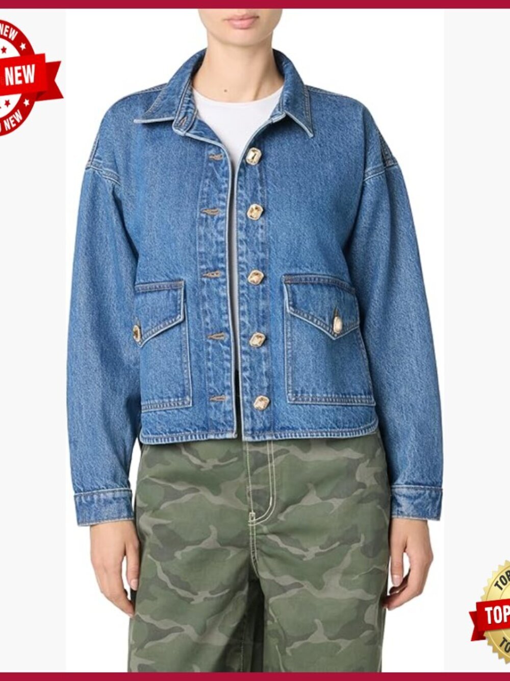 Casual Cropped Denim Jacket with Studded Pockets, Relaxed Fit